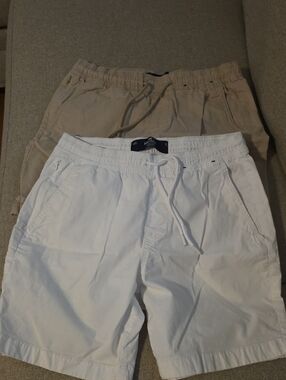 Hollister White and Khaki Drawstring Cotton Shorts (Pair)